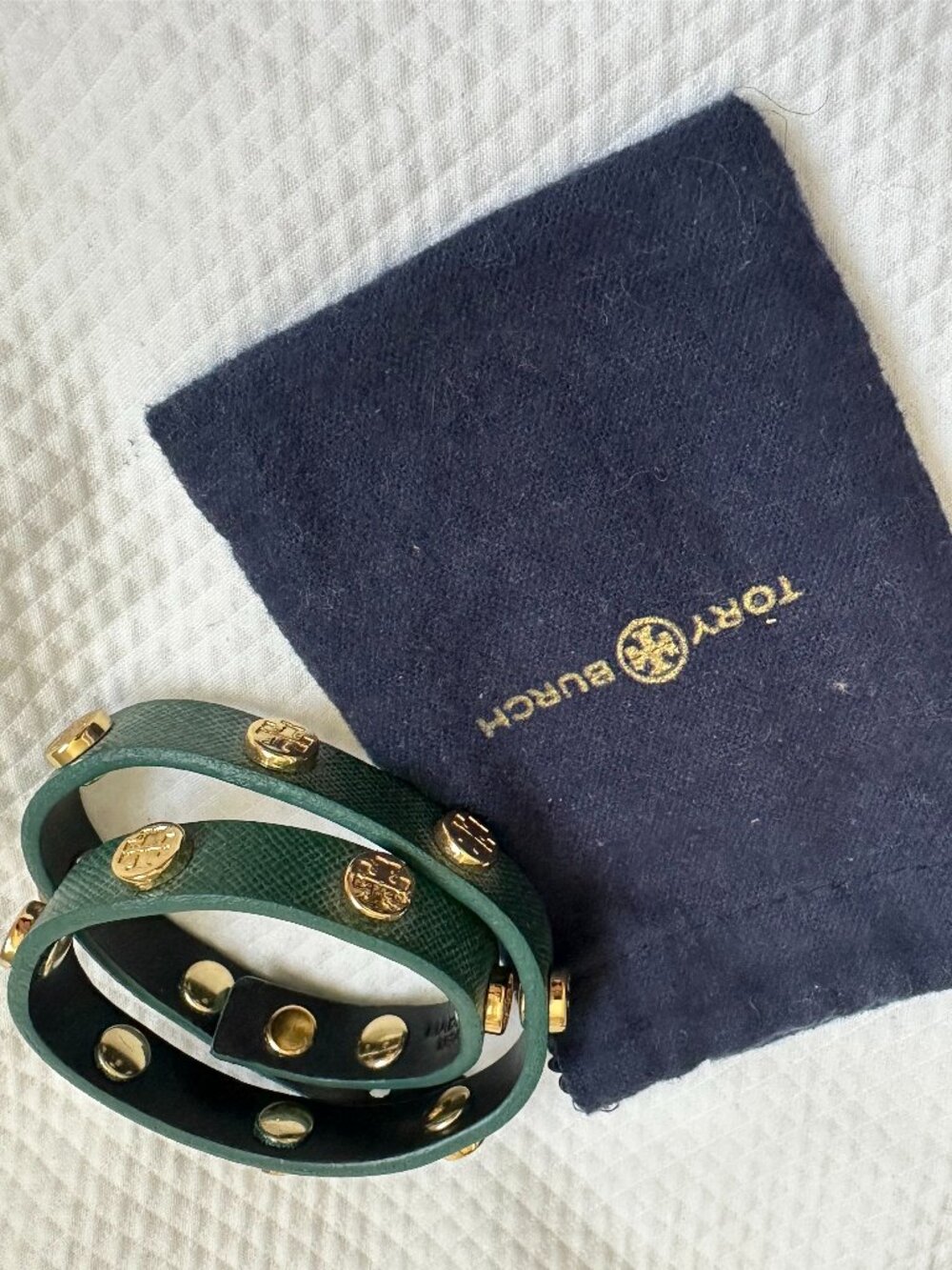 Tory Burch Green Saffiano Leather Double-Wrap Studded Bracelet